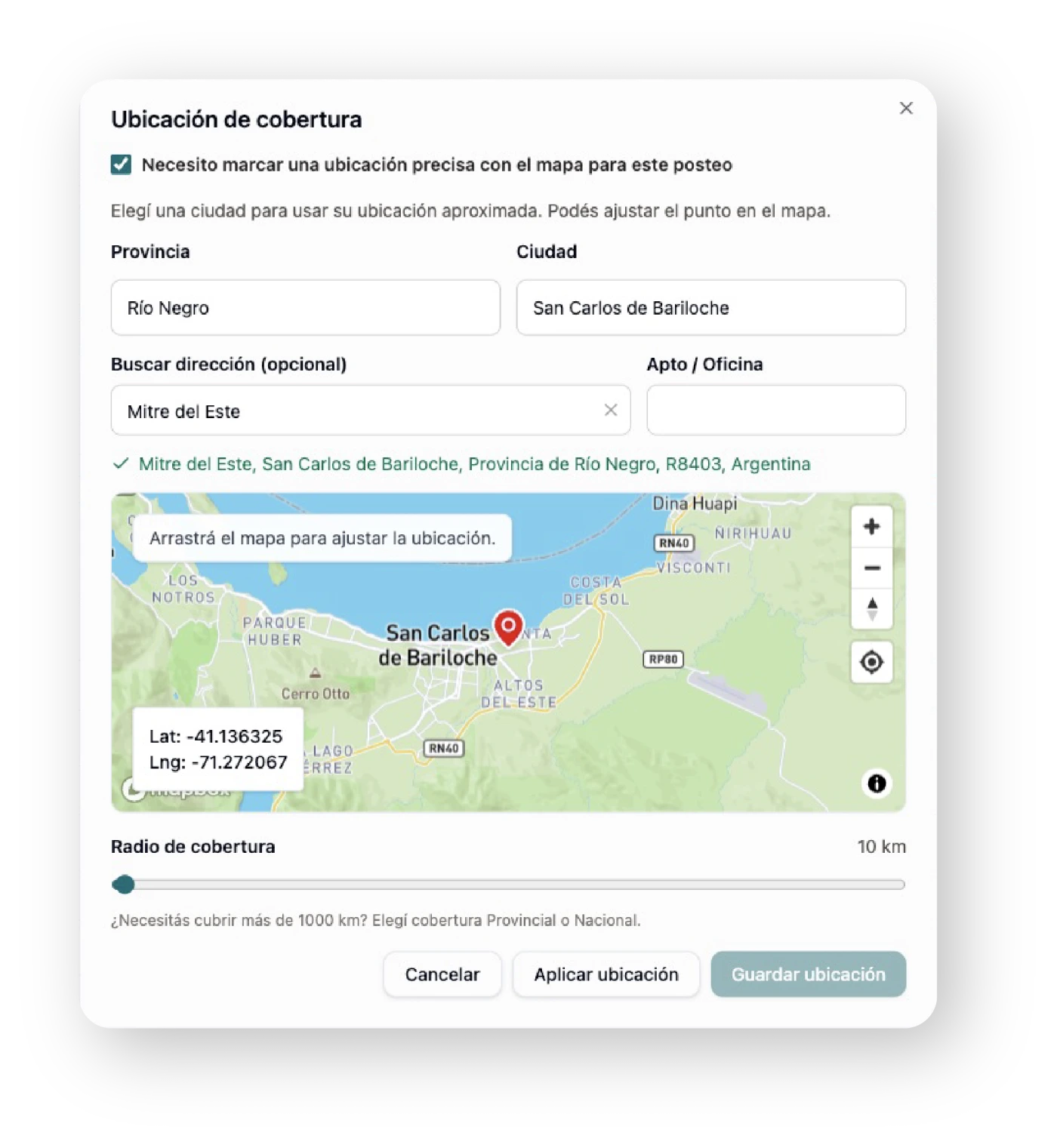 Ejemplo de ubicación de cobertura de una publicación